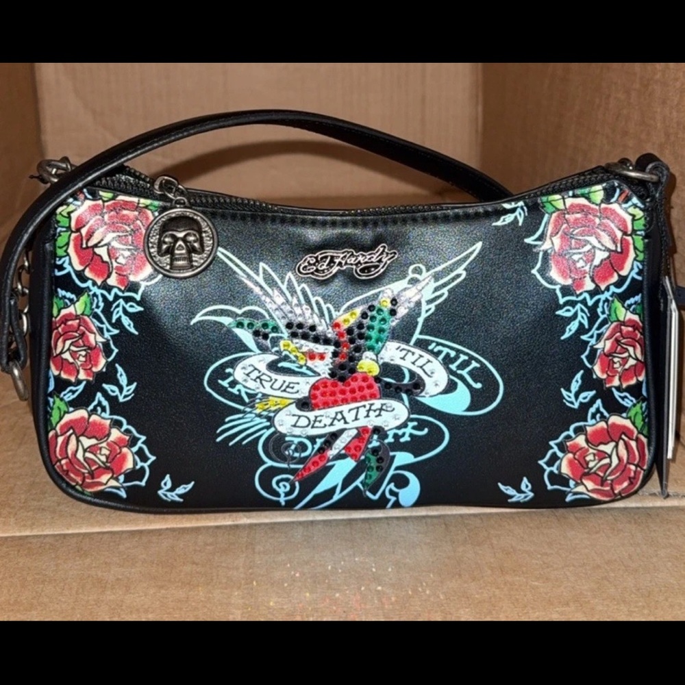 Ed Hardy Black and Red Floral Shoulder Bag bling Y2K new
